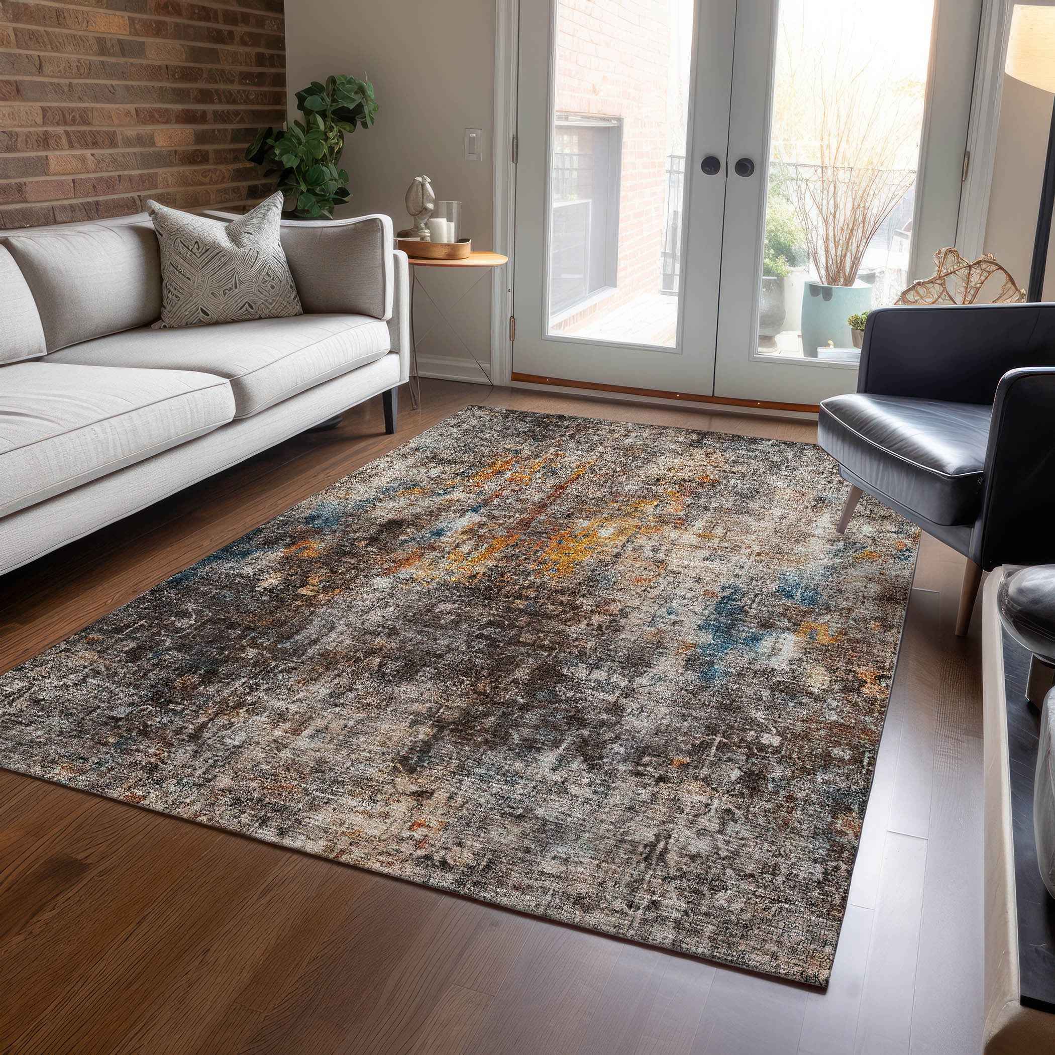 3' X 5' Taupe Chocolate And Copper Abstract Washable Indoor Outdoor Area Rug