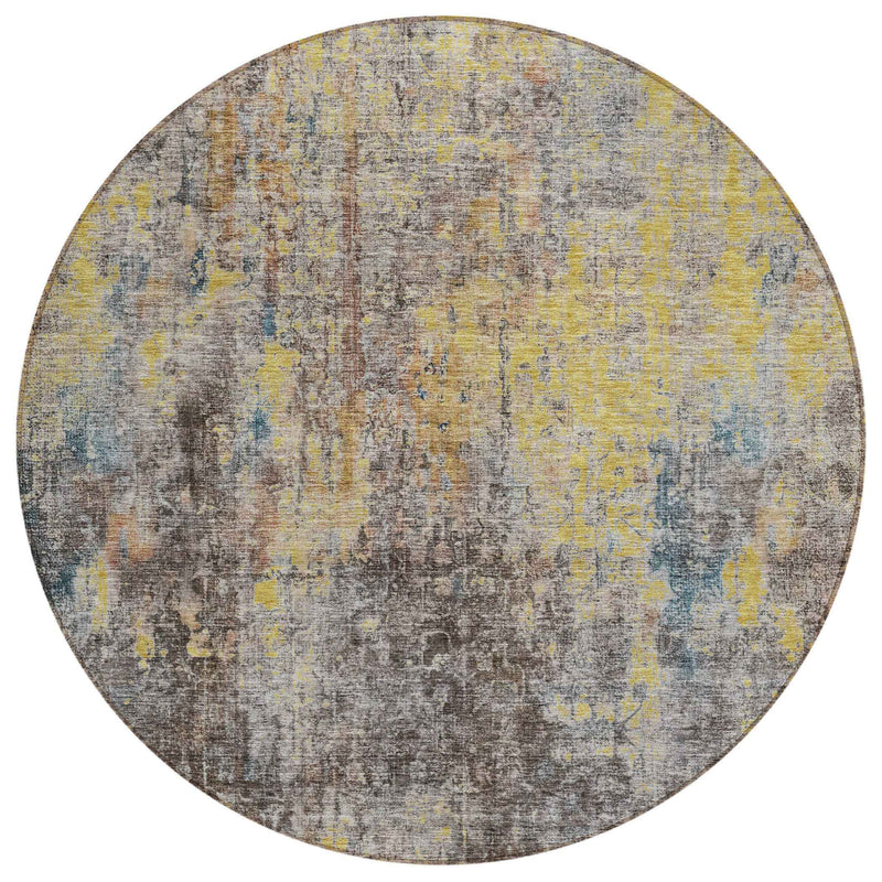 8' Brown And Gold Round Abstract Washable Indoor Outdoor Area Rug