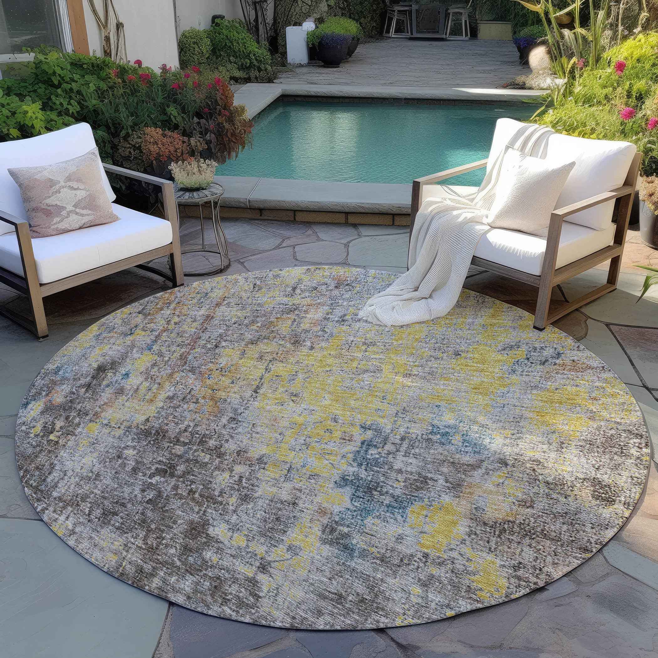 8' Brown And Gold Round Abstract Washable Indoor Outdoor Area Rug