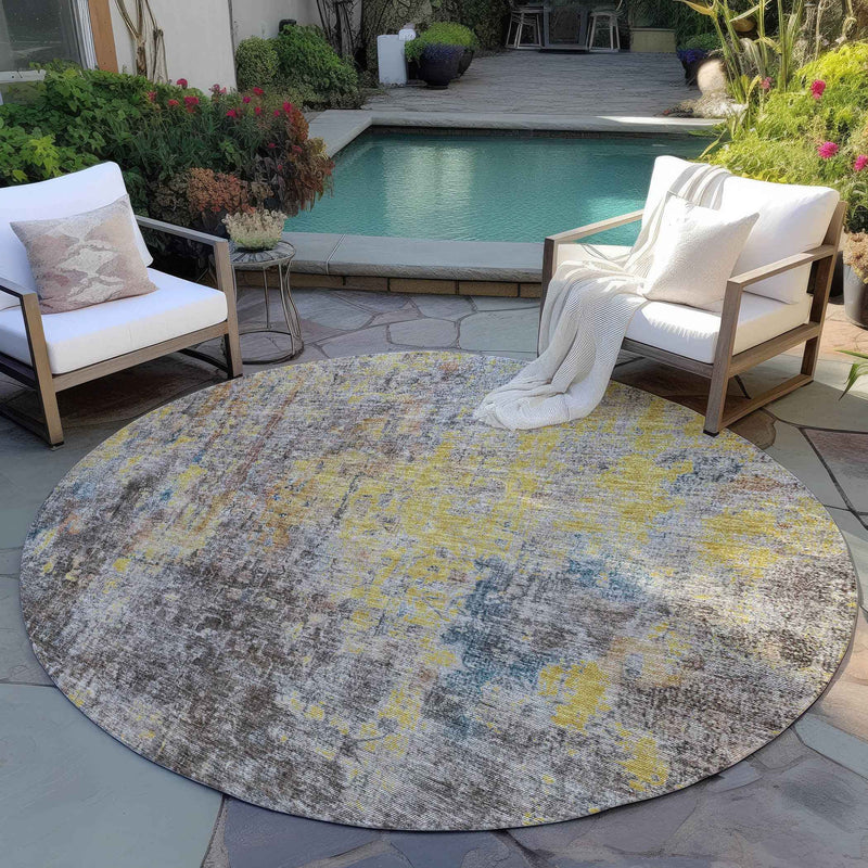 8' Brown And Gold Round Abstract Washable Indoor Outdoor Area Rug