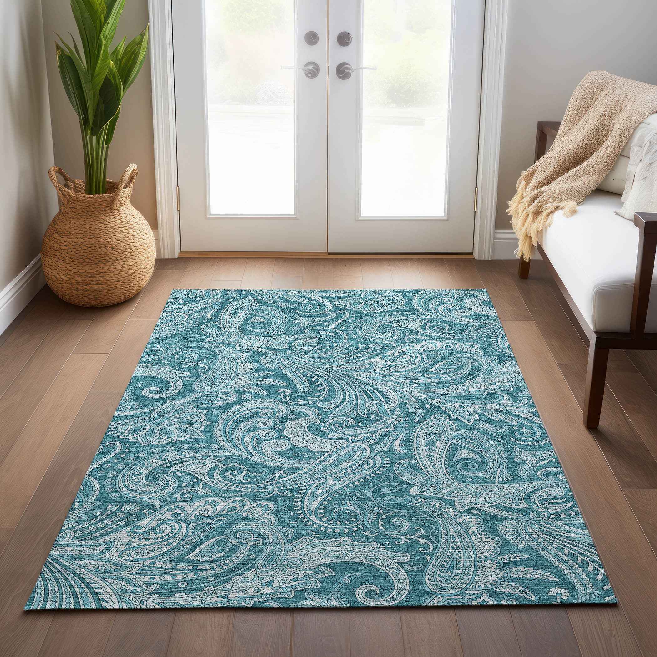 3' X 5' Turquoise And Ivory Paisley Washable Indoor Outdoor Area Rug