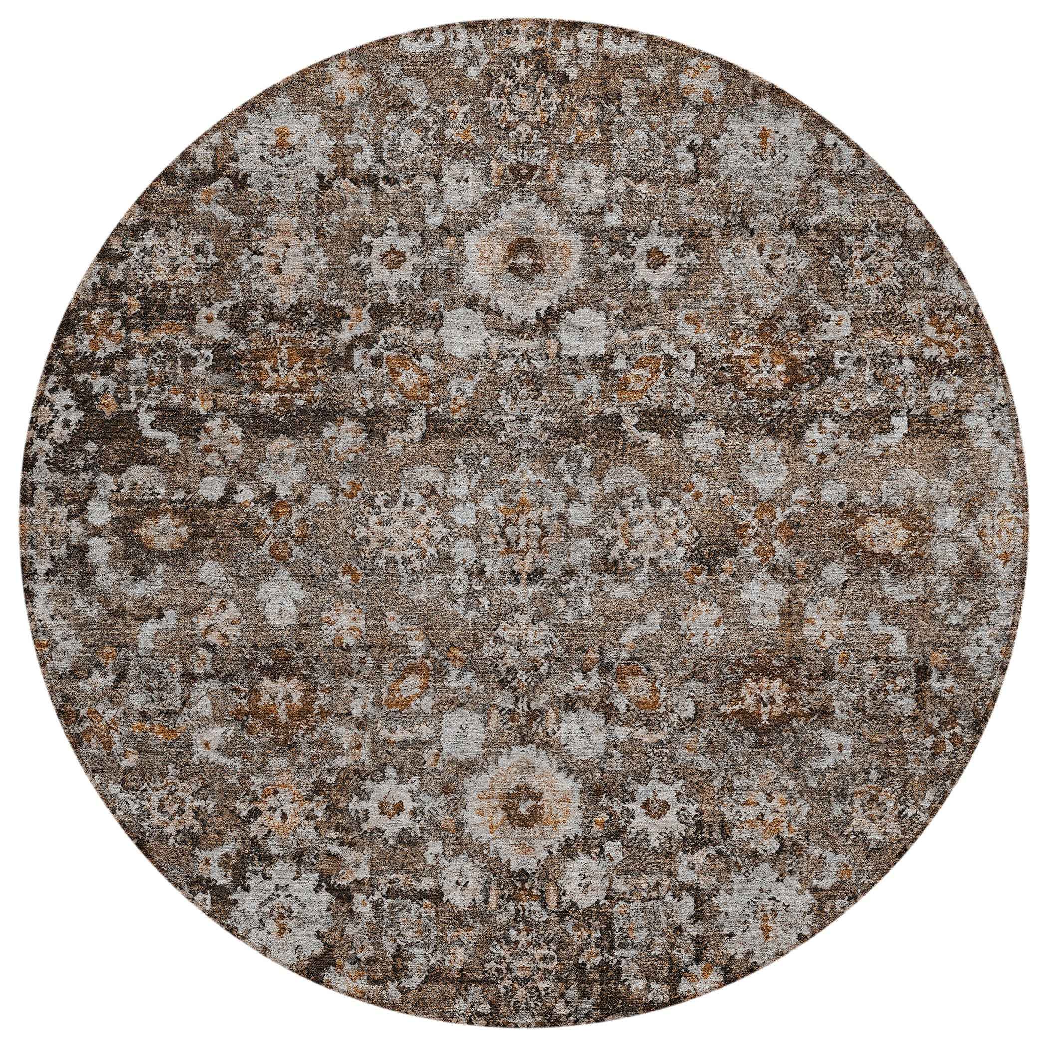 8' Dark Brown Brown And Taupe Round Oriental Washable Indoor Outdoor Area Rug