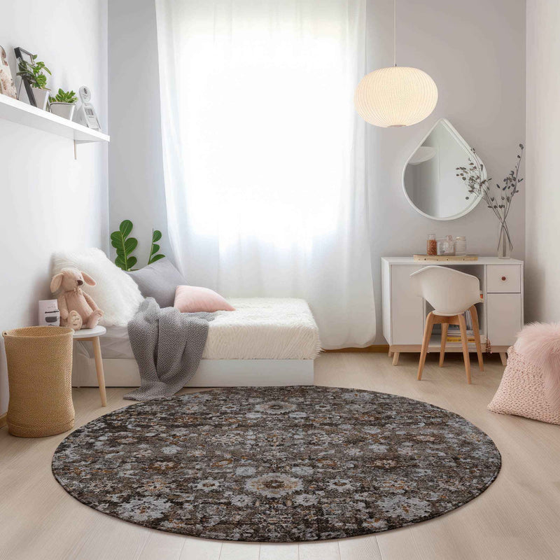 8' Dark Brown Brown And Taupe Round Oriental Washable Indoor Outdoor Area Rug