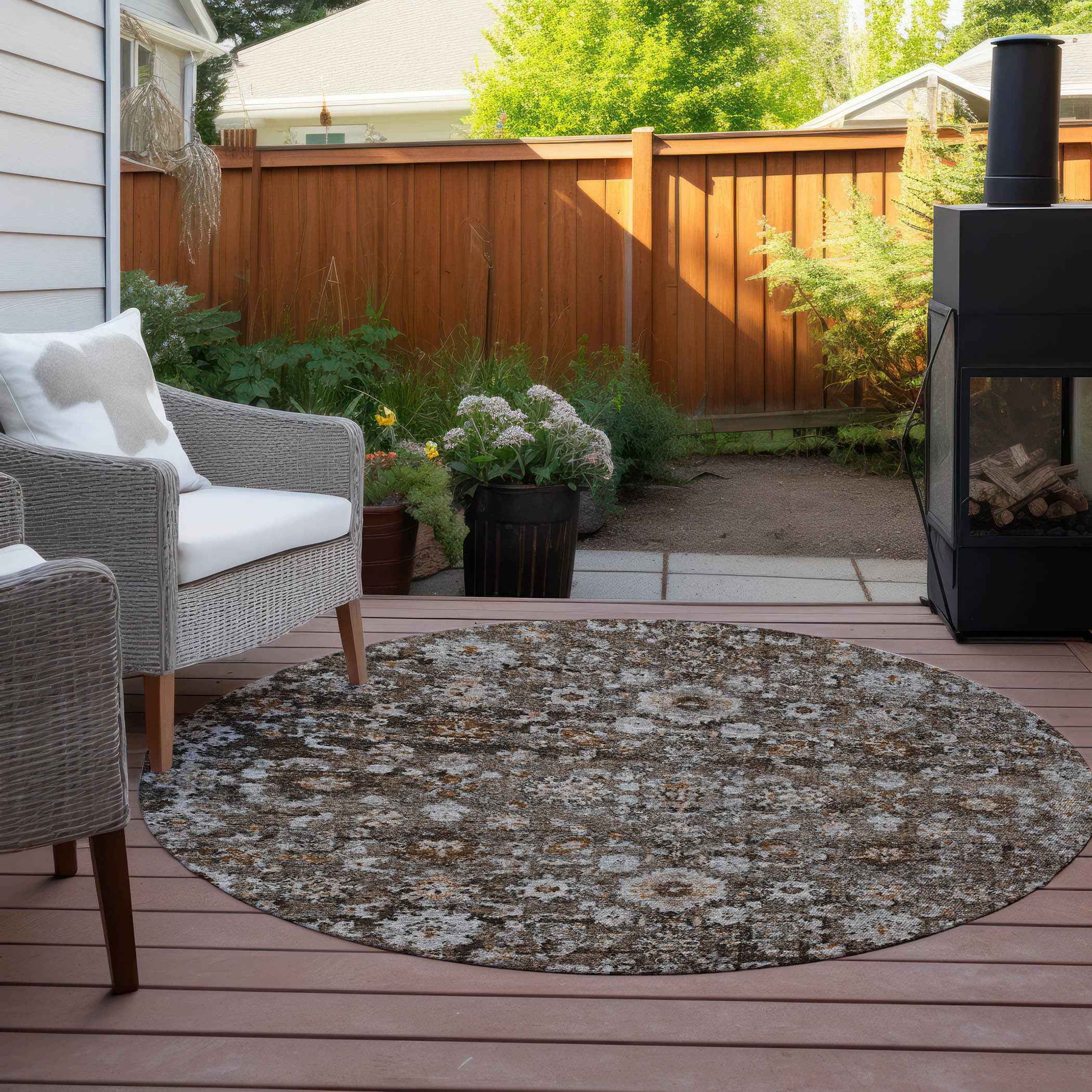 8' Dark Brown Brown And Taupe Round Oriental Washable Indoor Outdoor Area Rug
