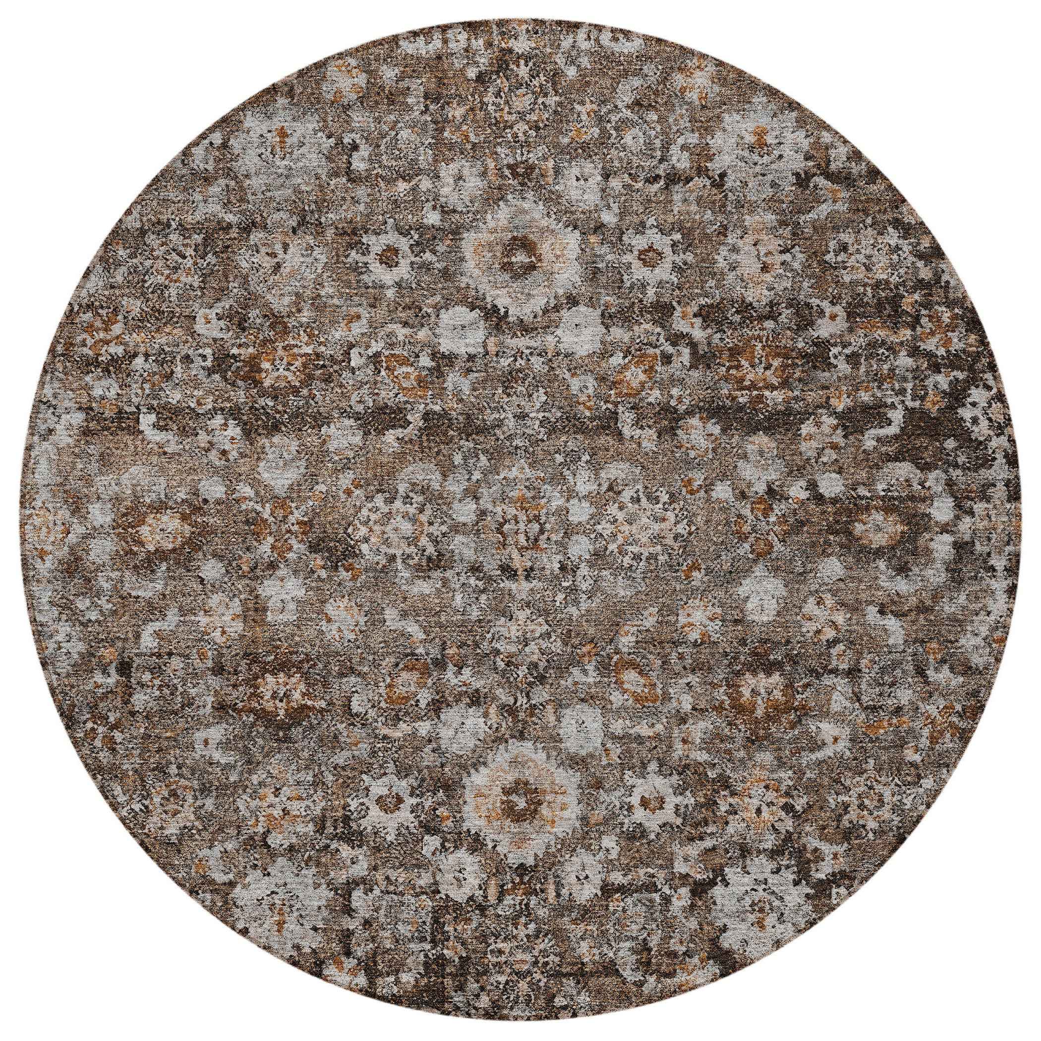 8' Dark Brown Brown And Taupe Round Oriental Washable Indoor Outdoor Area Rug