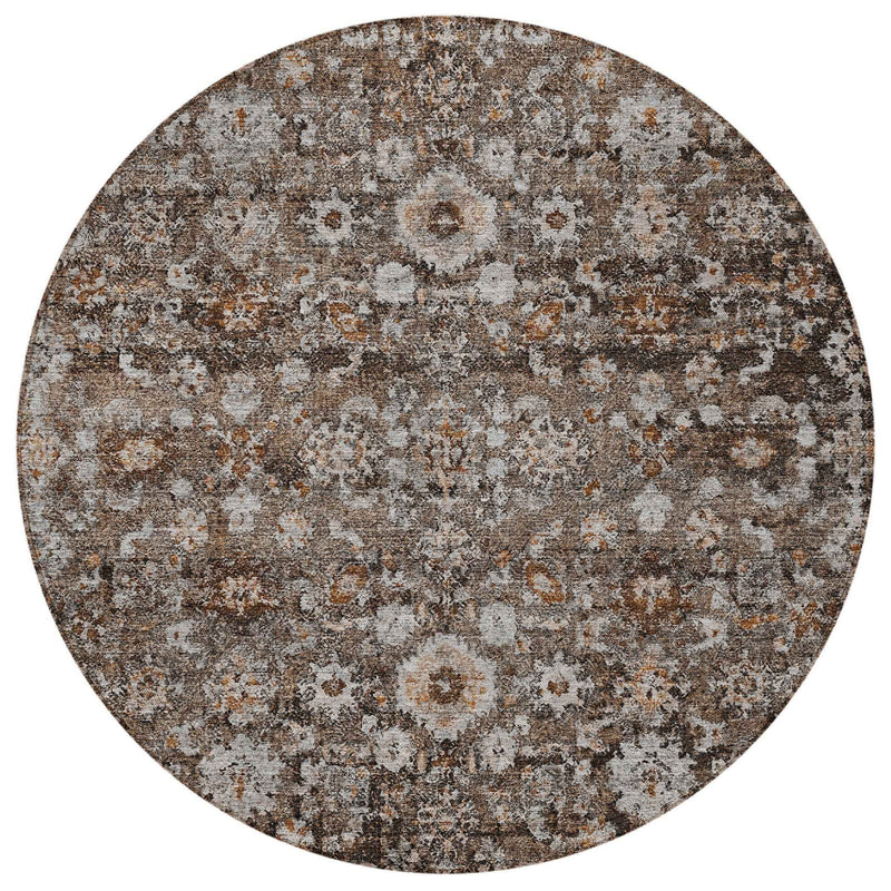 8' Dark Brown Brown And Taupe Round Oriental Washable Indoor Outdoor Area Rug