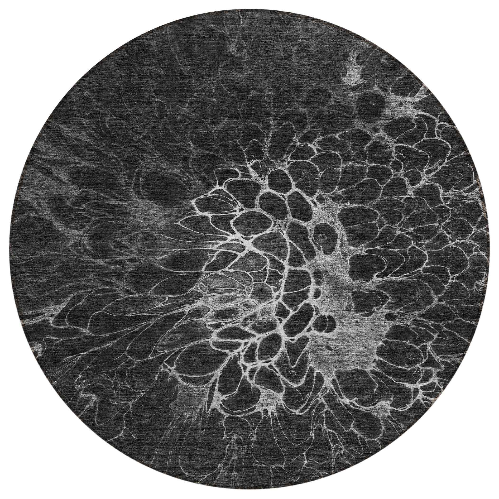 8' Charcoal Gray And Silver Round Abstract Washable Indoor Outdoor Area Rug