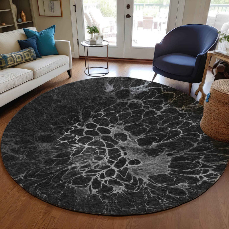 8' Charcoal Gray And Silver Round Abstract Washable Indoor Outdoor Area Rug
