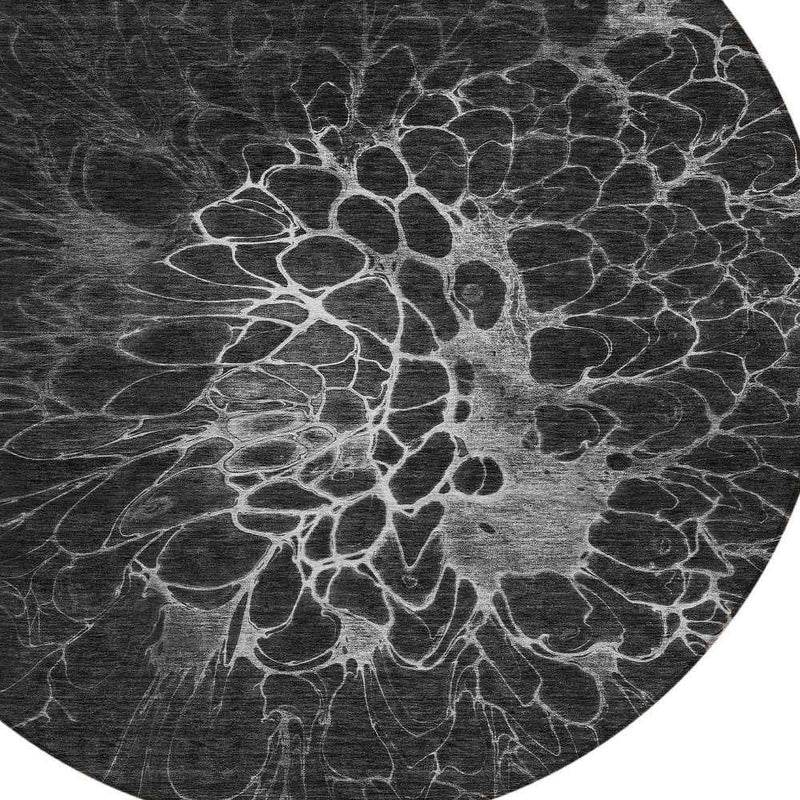 8' Charcoal Gray And Silver Round Abstract Washable Indoor Outdoor Area Rug