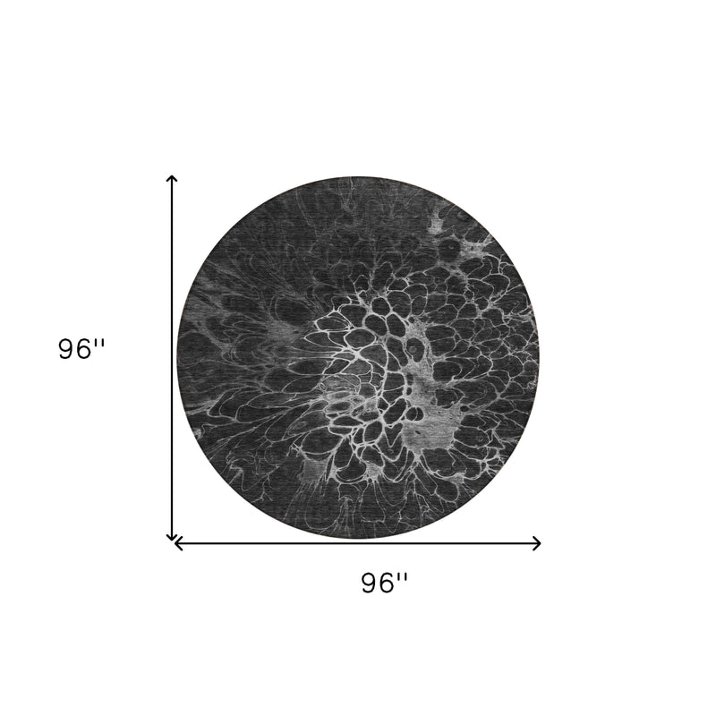 8' Charcoal Gray And Silver Round Abstract Washable Indoor Outdoor Area Rug