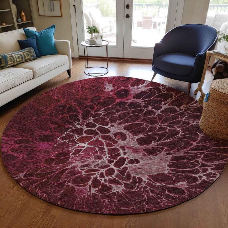 8' Merlot Blush And Gray Round Abstract Washable Indoor Outdoor Area Rug