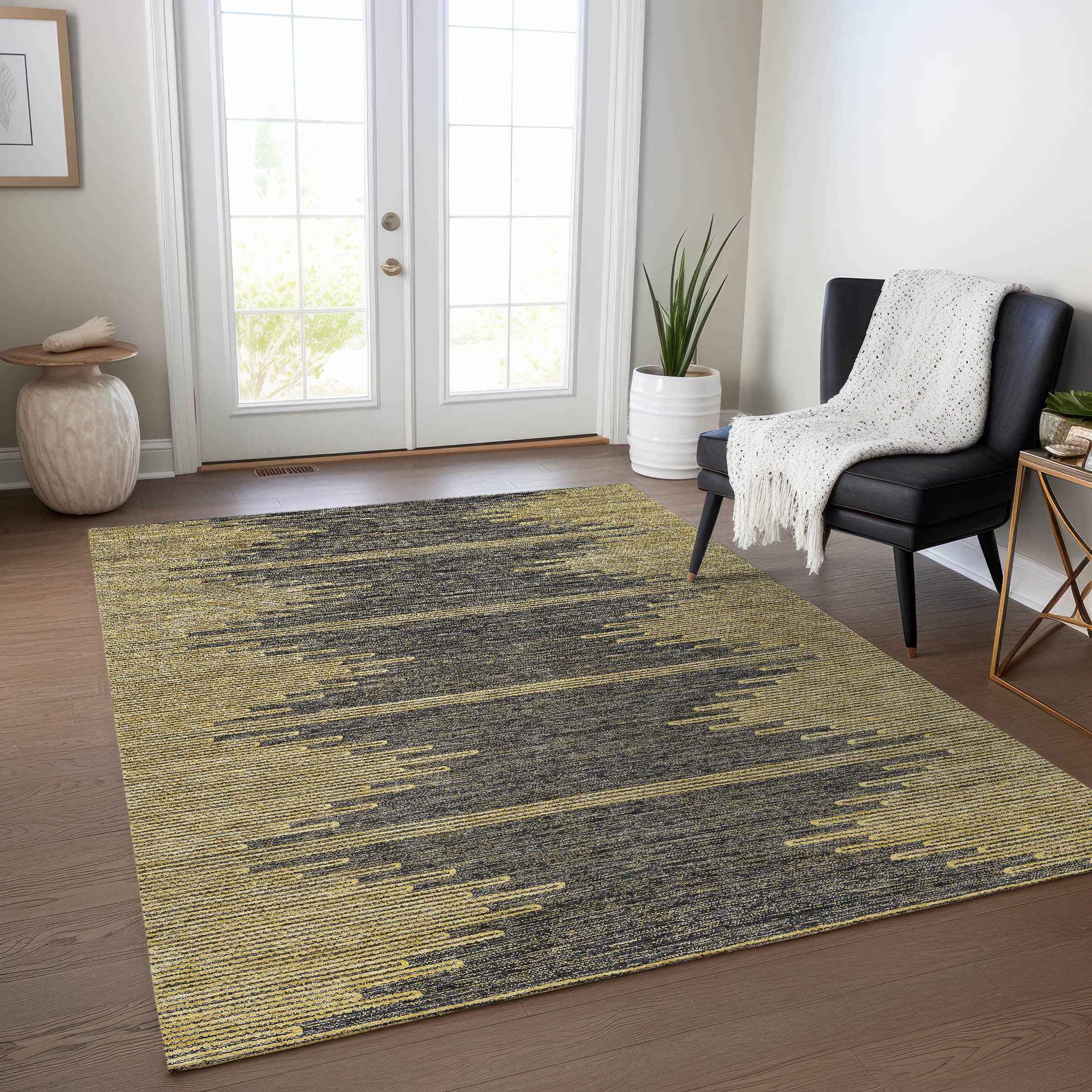 10' X 14' Dark Gray And Gold Abstract Washable Indoor Outdoor Area Rug