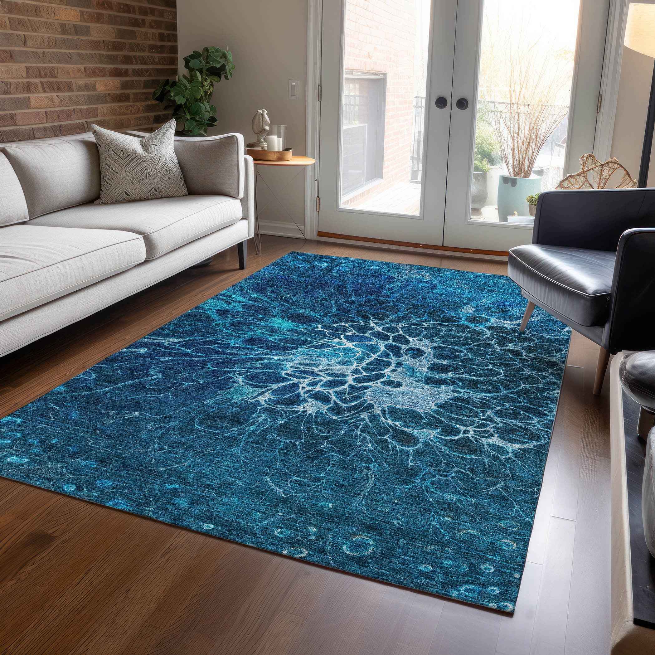 8' X 10' Navy Blue And Sky Blue Abstract Washable Indoor Outdoor Area Rug
