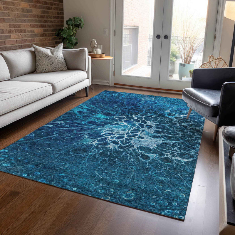 8' X 10' Navy Blue And Sky Blue Abstract Washable Indoor Outdoor Area Rug