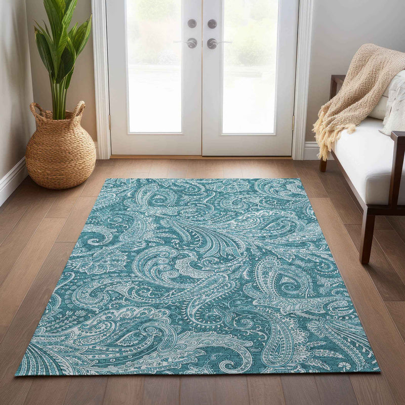 9' X 12' Turquoise And Ivory Paisley Washable Indoor Outdoor Area Rug