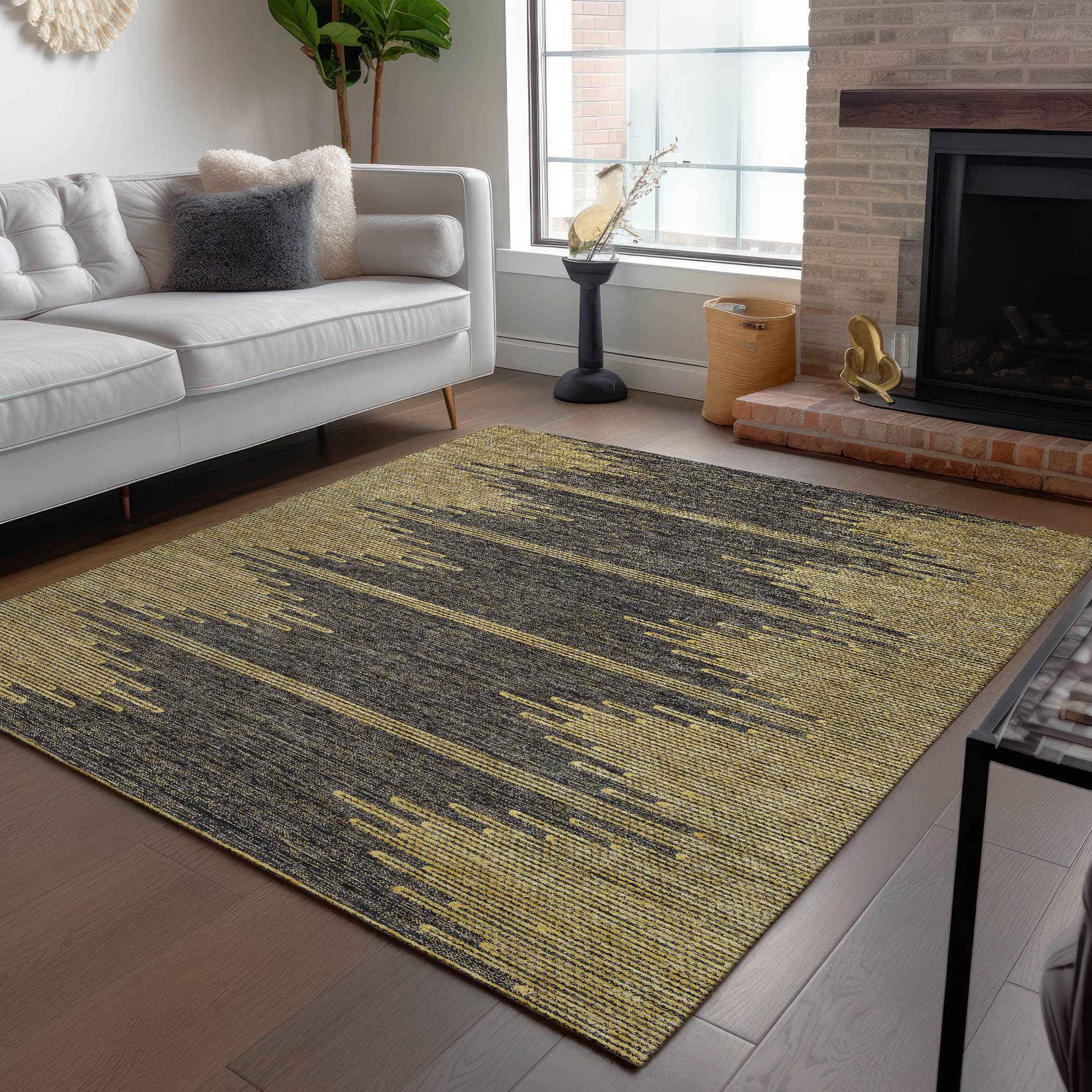 3' X 5' Dark Gray And Gold Abstract Washable Indoor Outdoor Area Rug