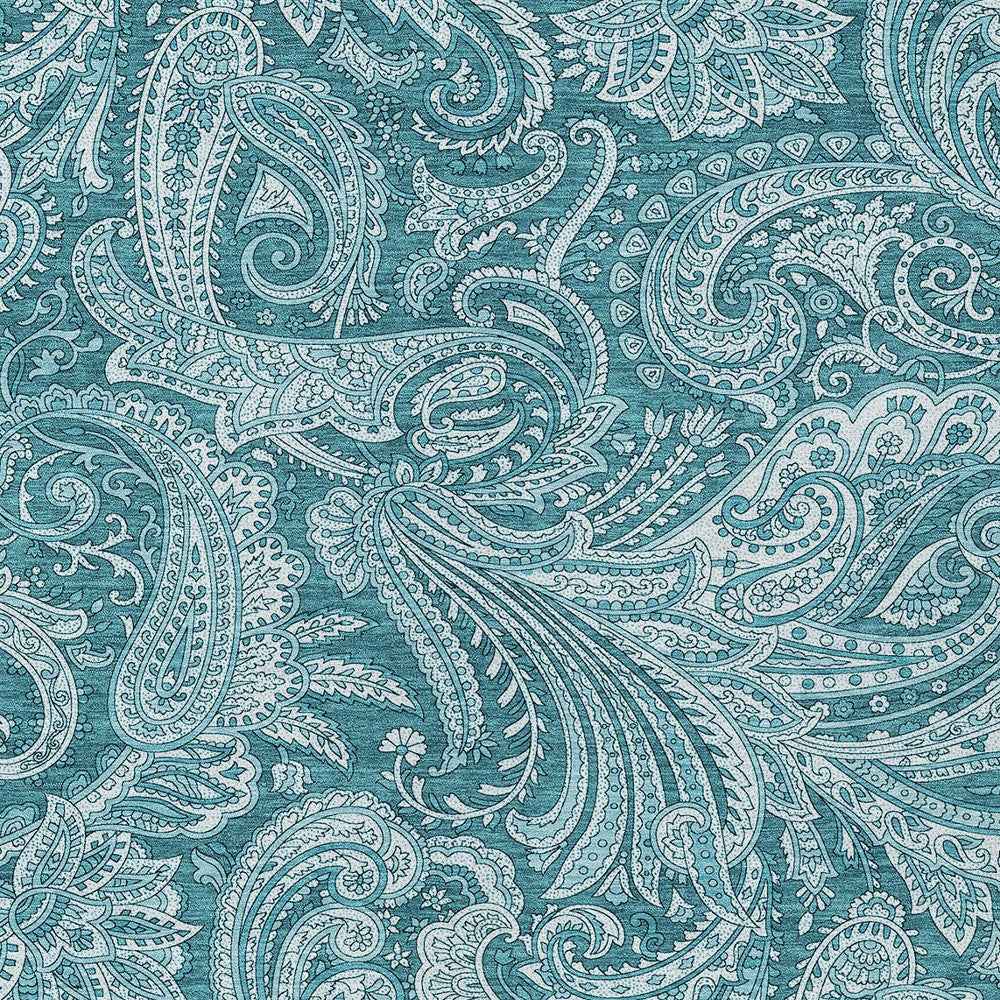 9' X 12' Turquoise And Ivory Paisley Washable Indoor Outdoor Area Rug