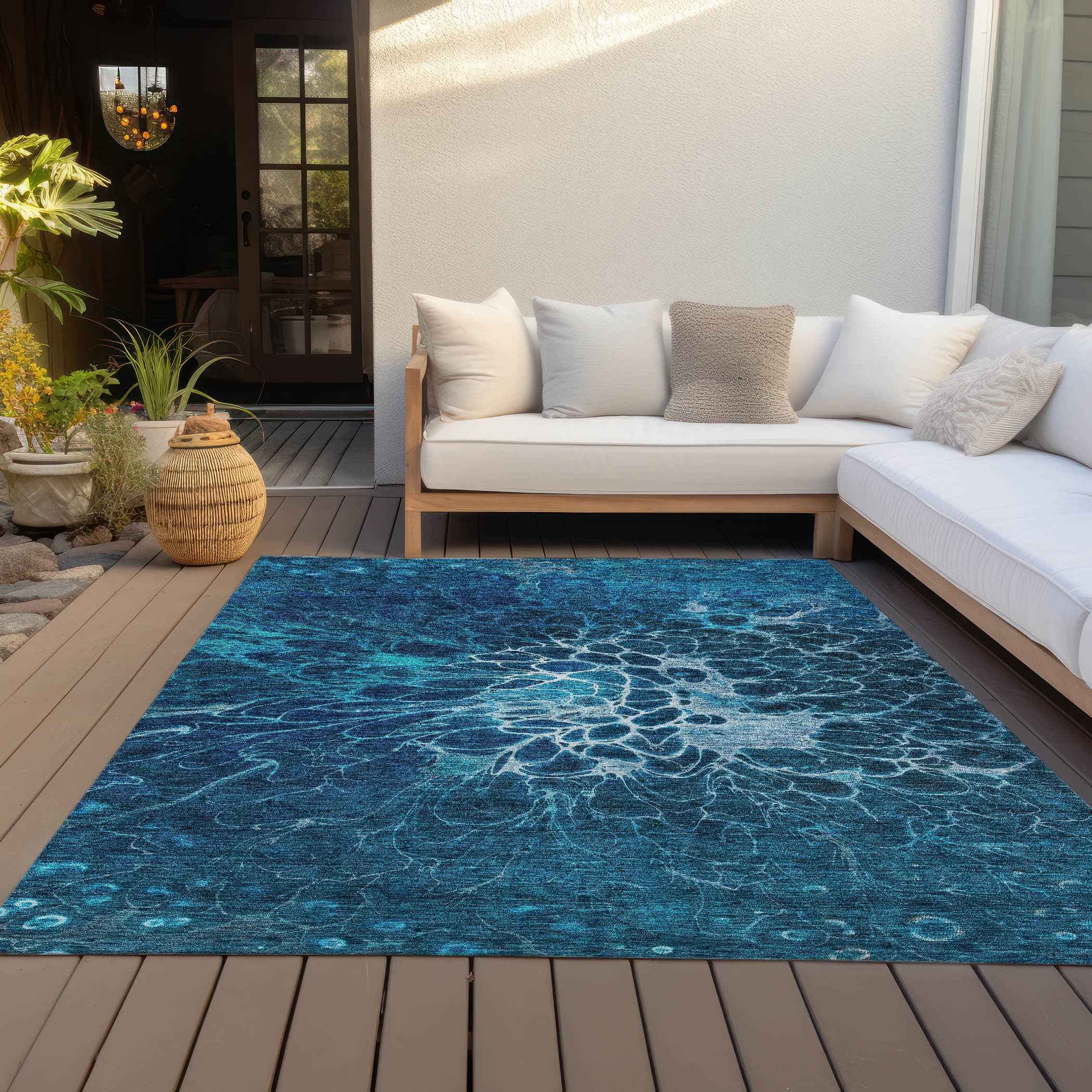 8' X 10' Navy Blue And Sky Blue Abstract Washable Indoor Outdoor Area Rug