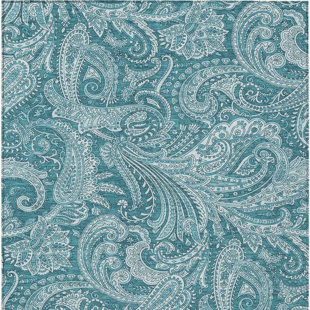 9' X 12' Turquoise And Ivory Paisley Washable Indoor Outdoor Area Rug
