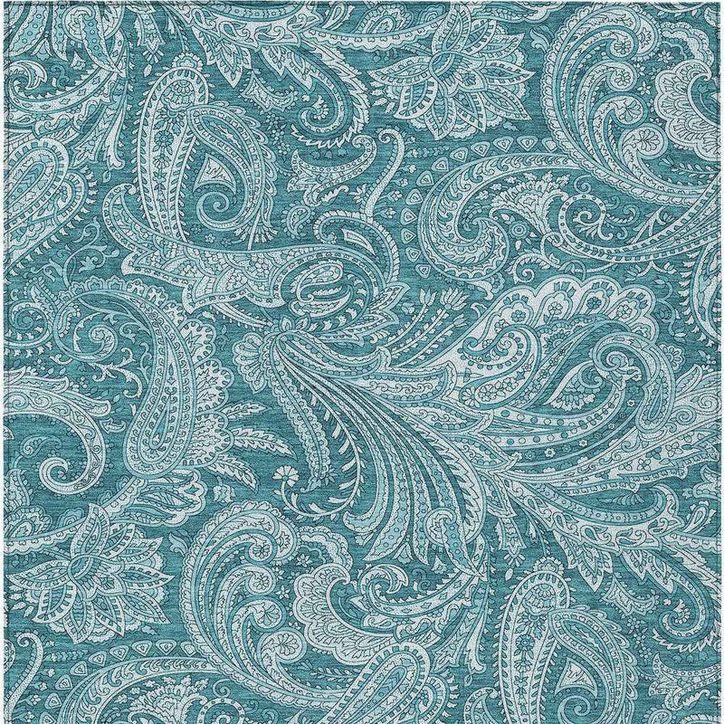 9' X 12' Turquoise And Ivory Paisley Washable Indoor Outdoor Area Rug