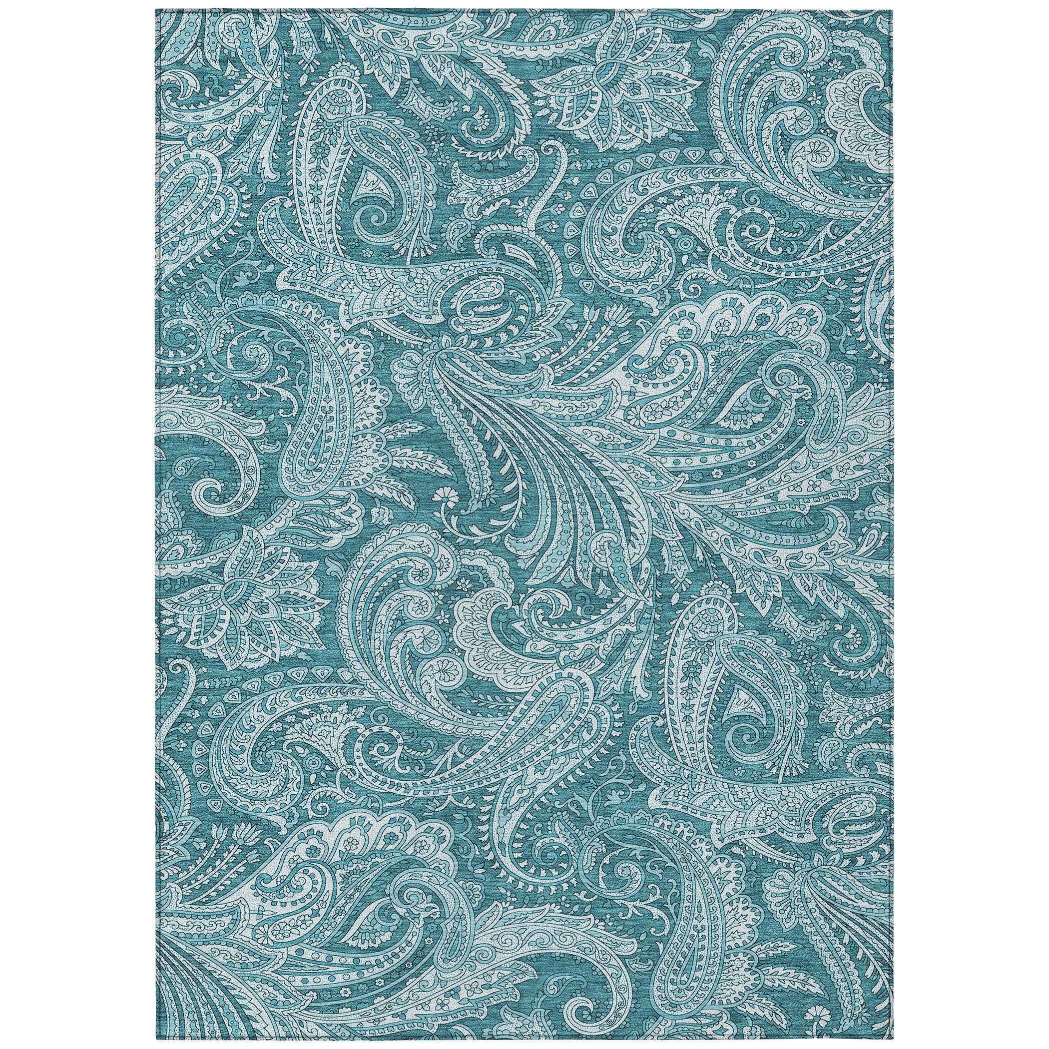 8' X 10' Turquoise And Ivory Paisley Washable Indoor Outdoor Area Rug