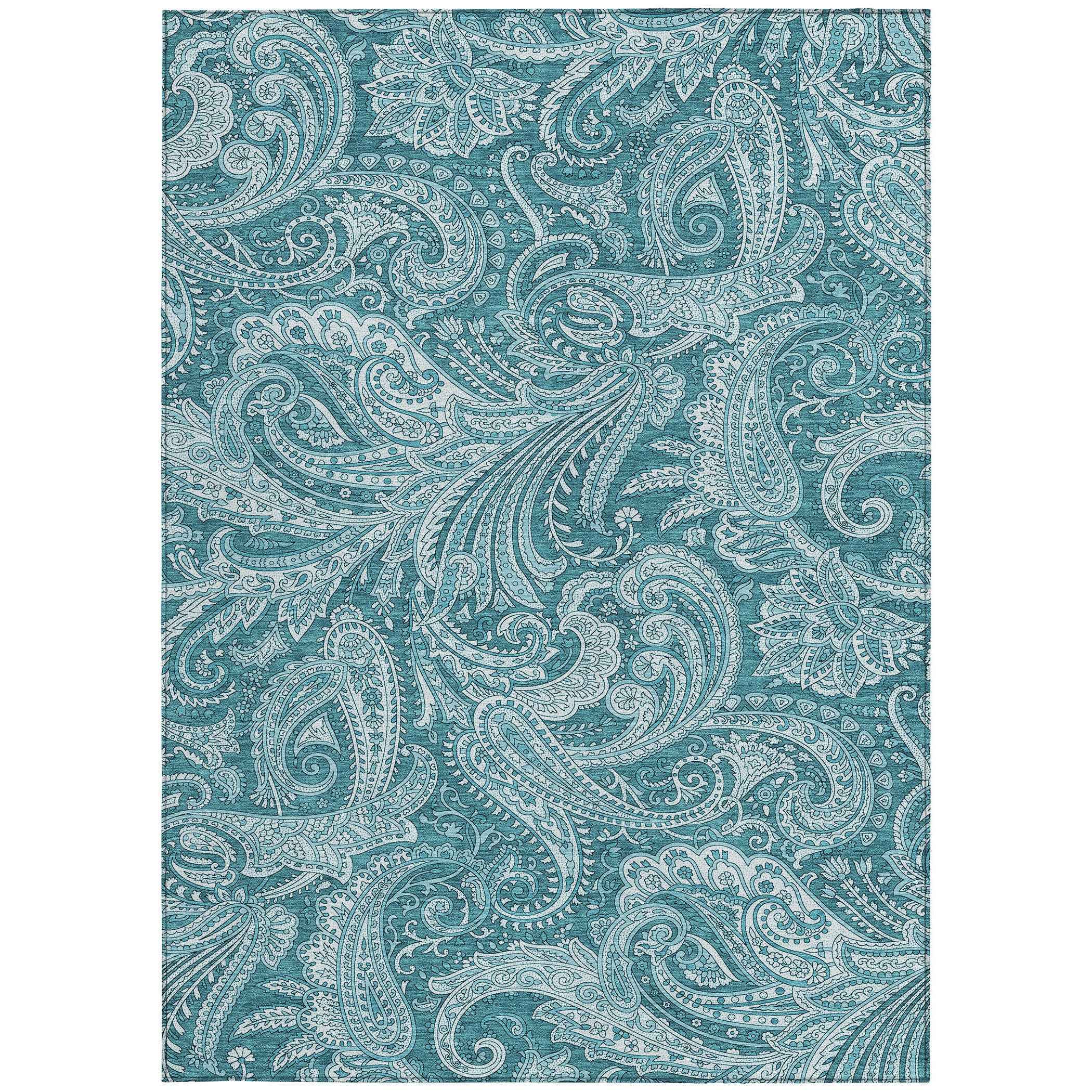 8' X 10' Turquoise And Ivory Paisley Washable Indoor Outdoor Area Rug