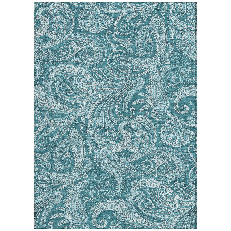 8' X 10' Turquoise And Ivory Paisley Washable Indoor Outdoor Area Rug