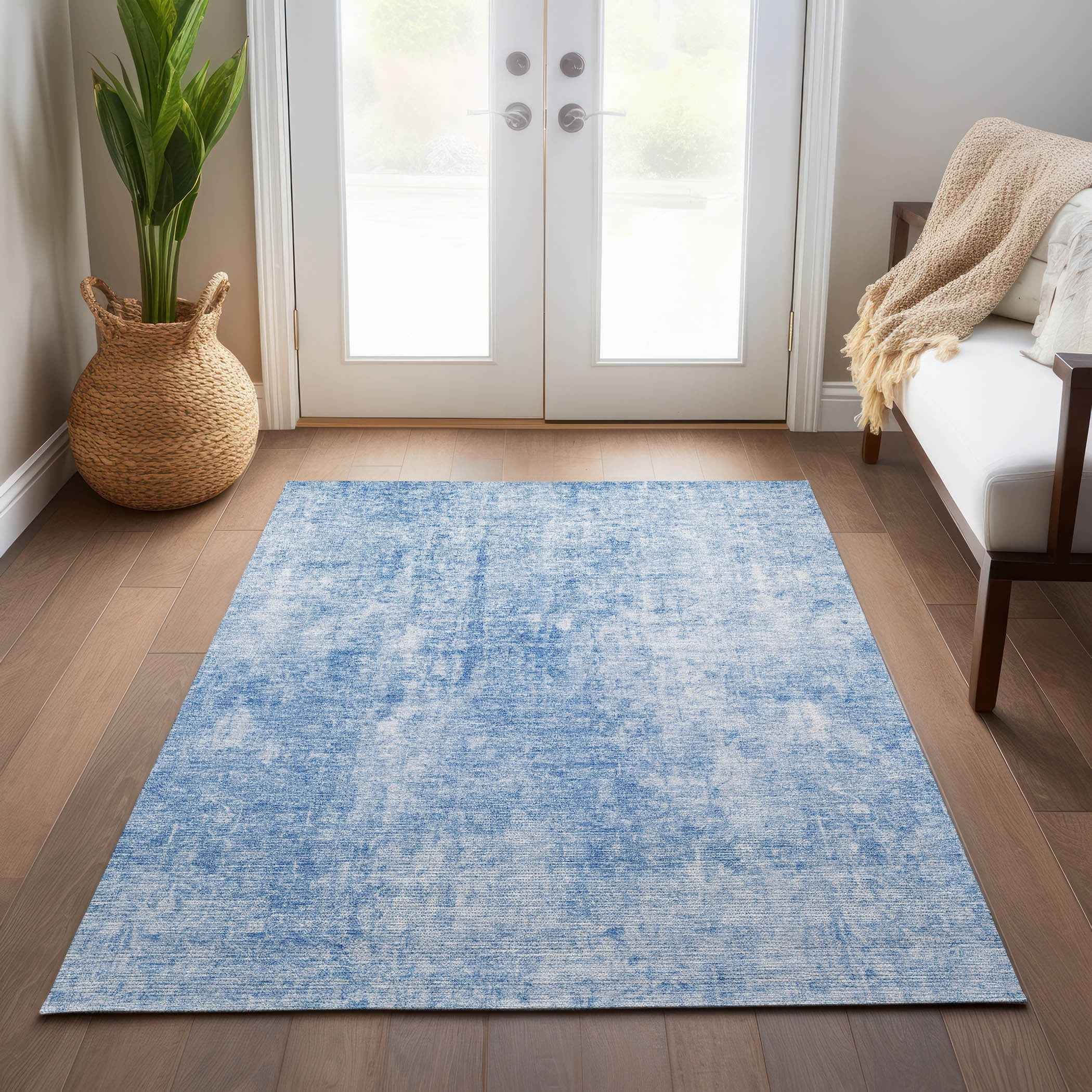 9' X 12' Denim Blue And Ivory Abstract Washable Indoor Outdoor Area Rug