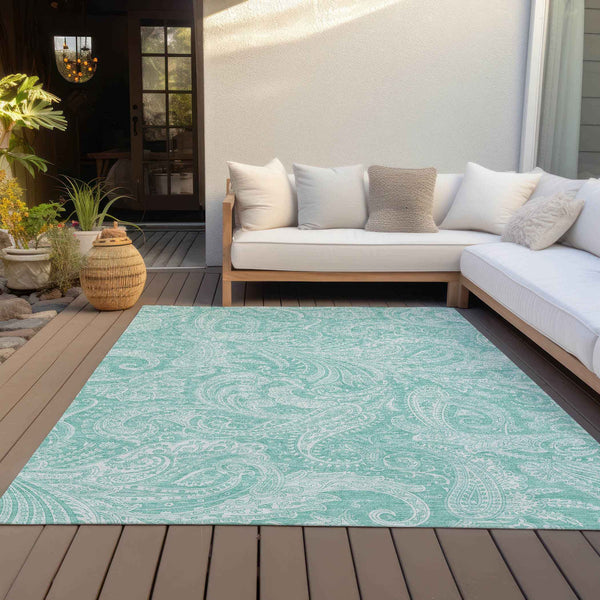 8' X 10' Teal Blue And Ivory Paisley Washable Indoor Outdoor Area Rug