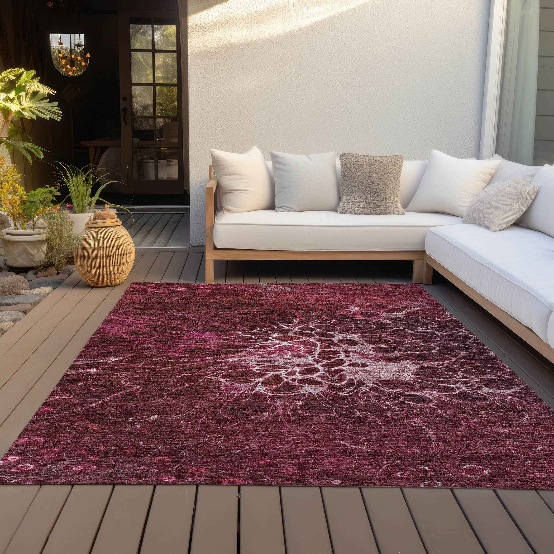 8' X 10' Merlot Blush And Gray Abstract Washable Indoor Outdoor Area Rug