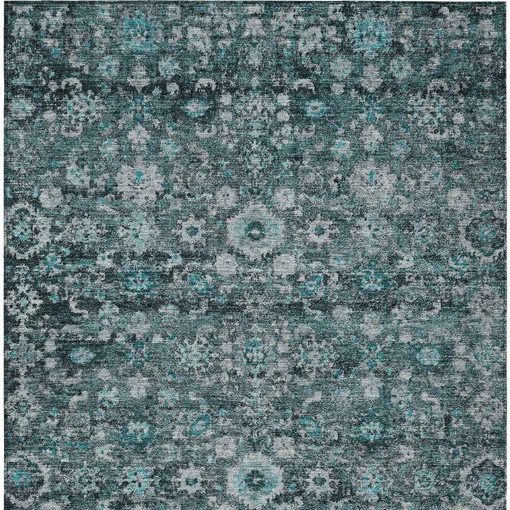 8' X 10' Dark Green Aqua And Charcoal Oriental Washable Indoor Outdoor Area Rug