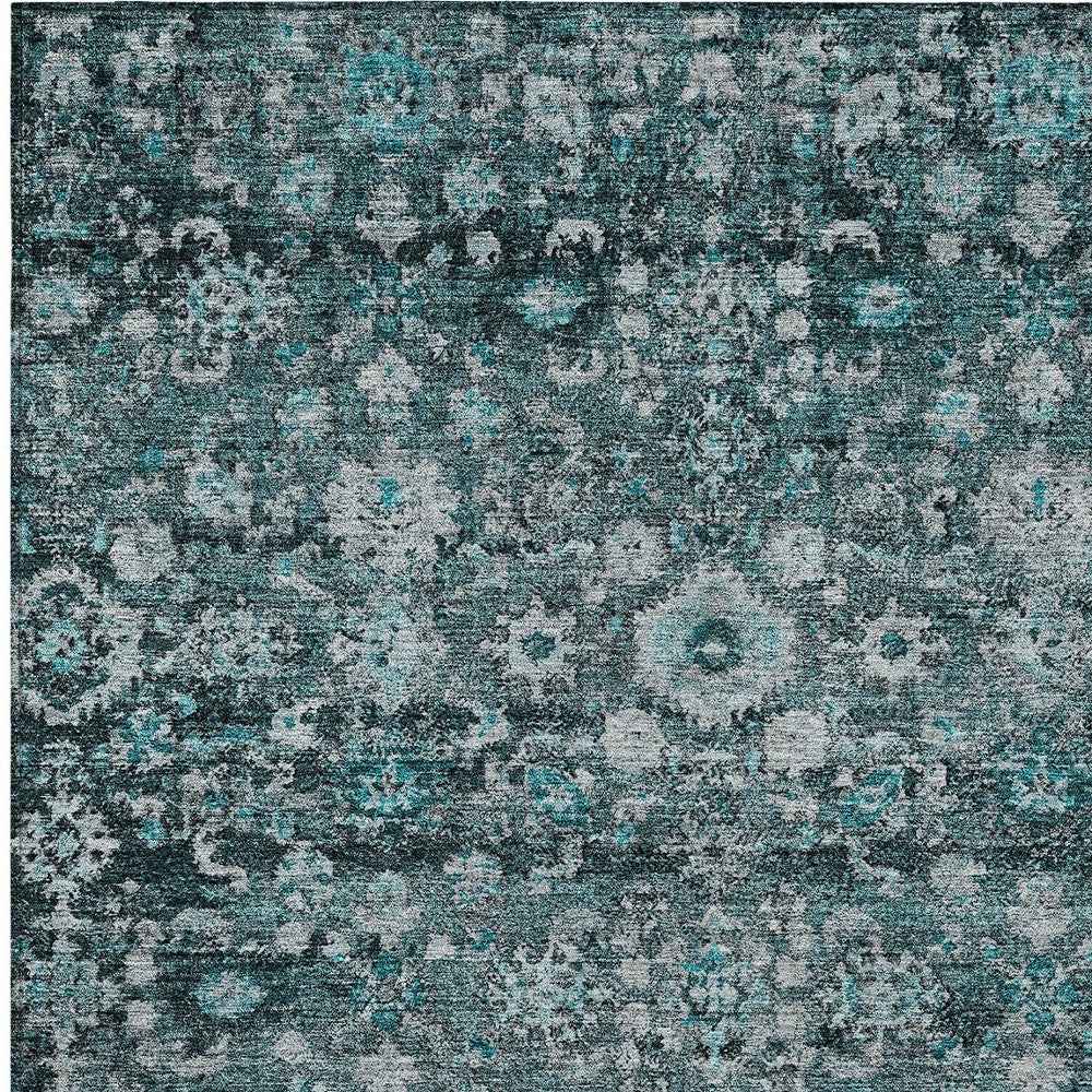 8' X 10' Dark Green Aqua And Charcoal Oriental Washable Indoor Outdoor Area Rug