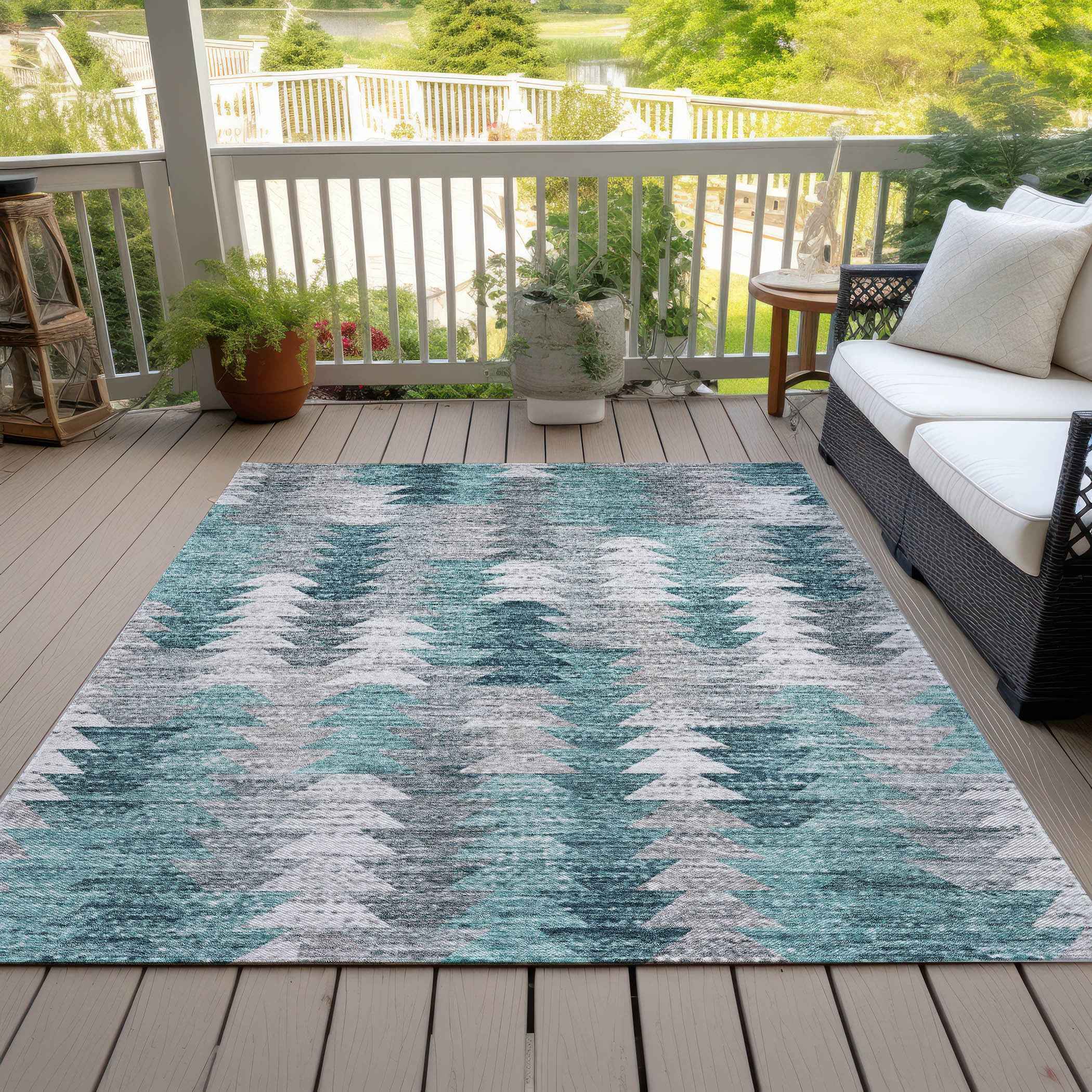 8' X 10' Dark Blue Aqua And Gray Geometric Washable Indoor Outdoor Area Rug