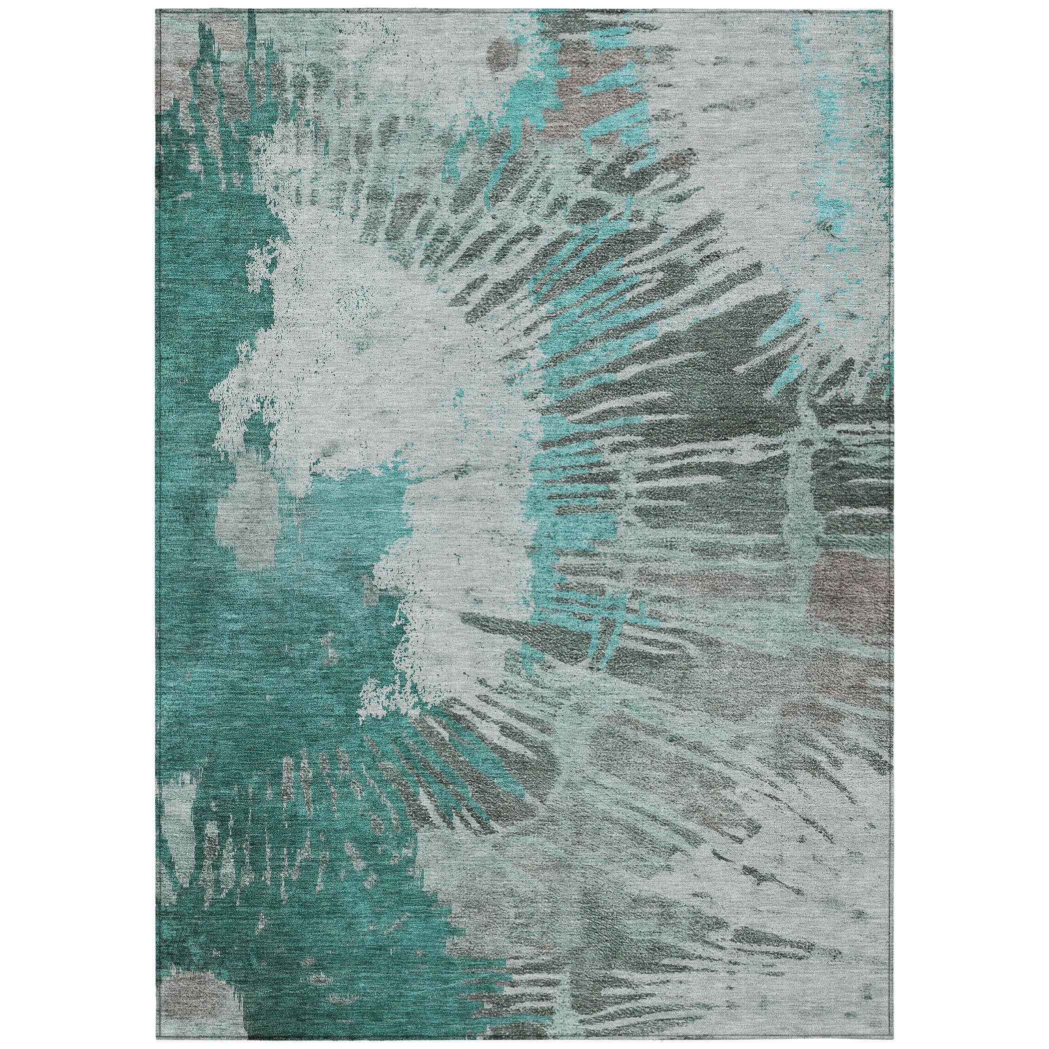 3' X 5' Dark Green Aqua And Gray Abstract Washable Indoor Outdoor Area Rug