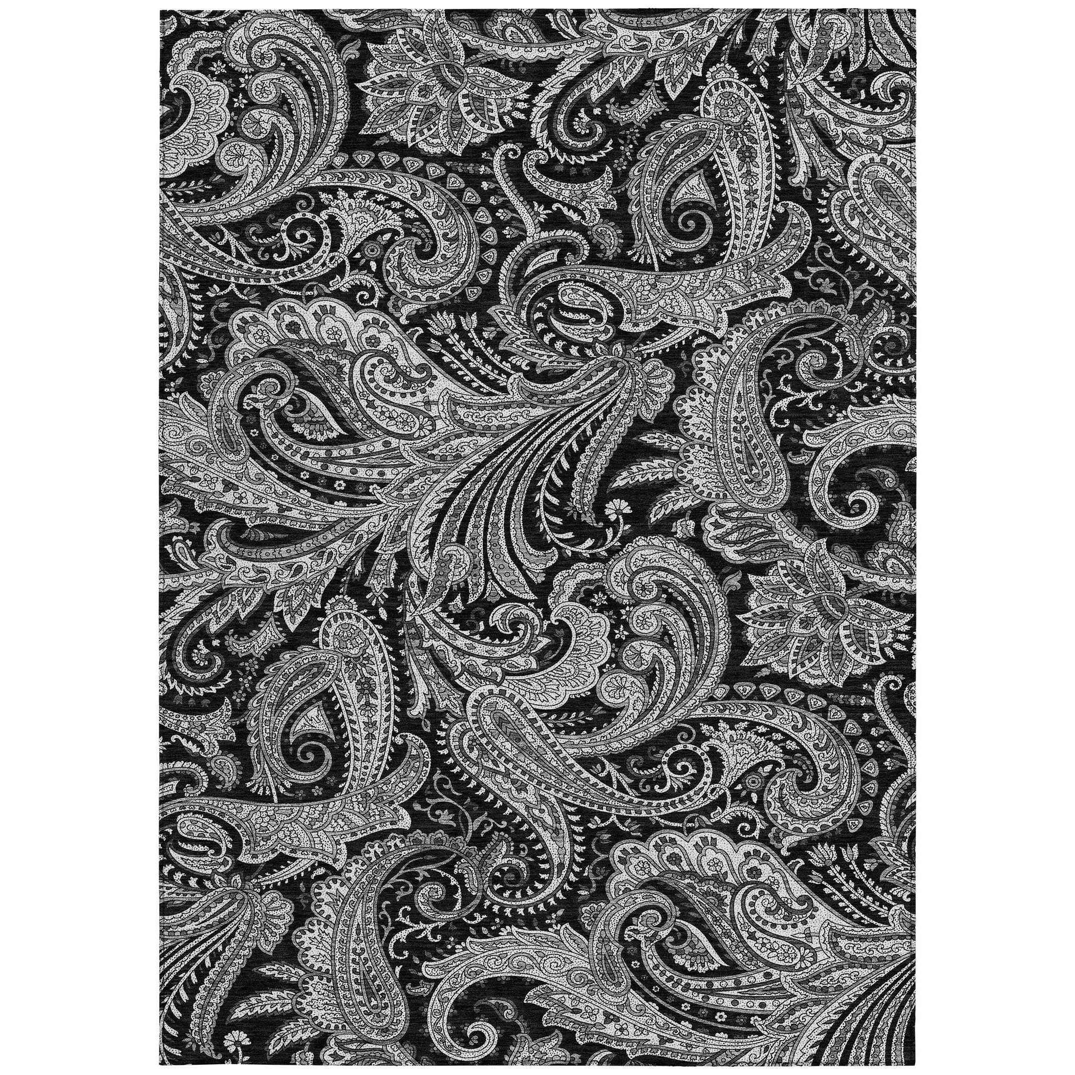 8' X 10' Black Gray And White Paisley Washable Indoor Outdoor Area Rug