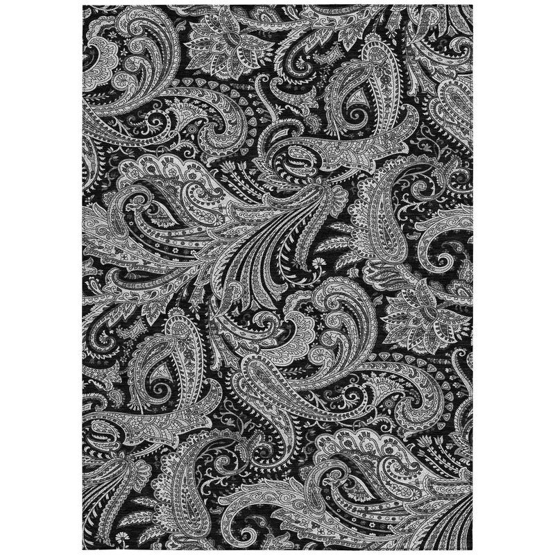 8' X 10' Black Gray And White Paisley Washable Indoor Outdoor Area Rug