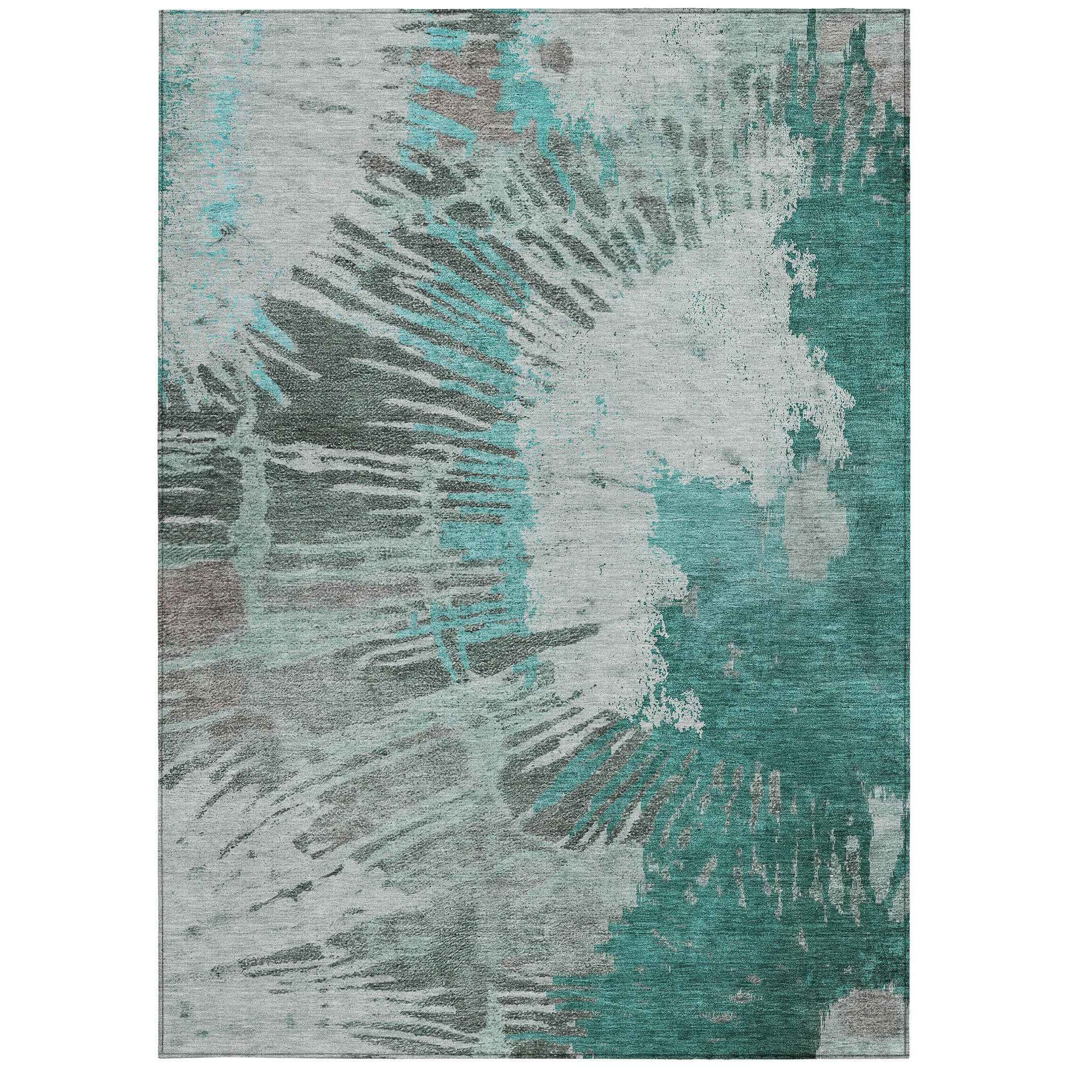 3' X 5' Dark Green Aqua And Gray Abstract Washable Indoor Outdoor Area Rug