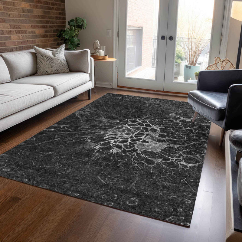 5' X 8' Charcoal Gray And Silver Abstract Washable Indoor Outdoor Area Rug