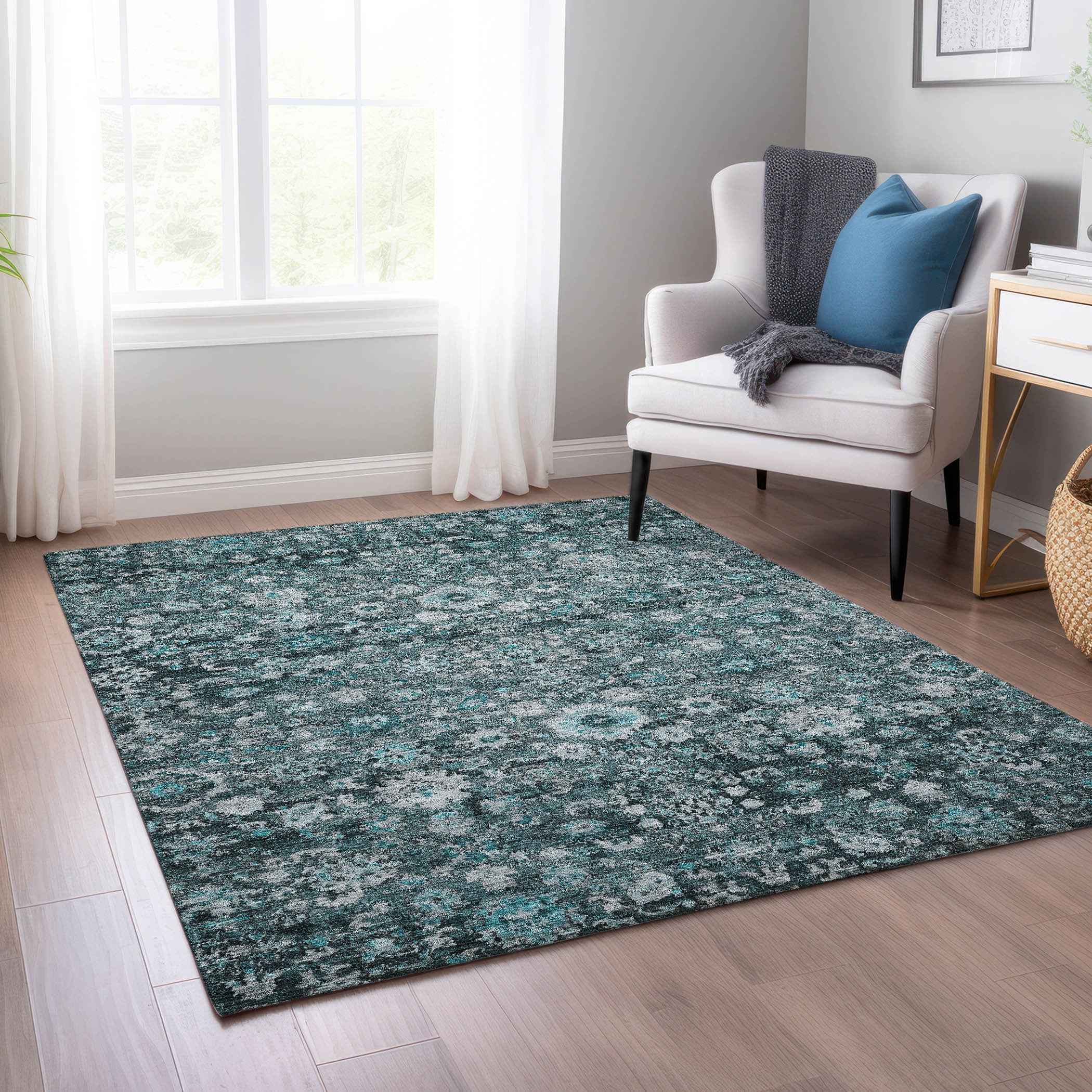 10' X 14' Dark Green Aqua And Charcoal Oriental Washable Indoor Outdoor Area Rug