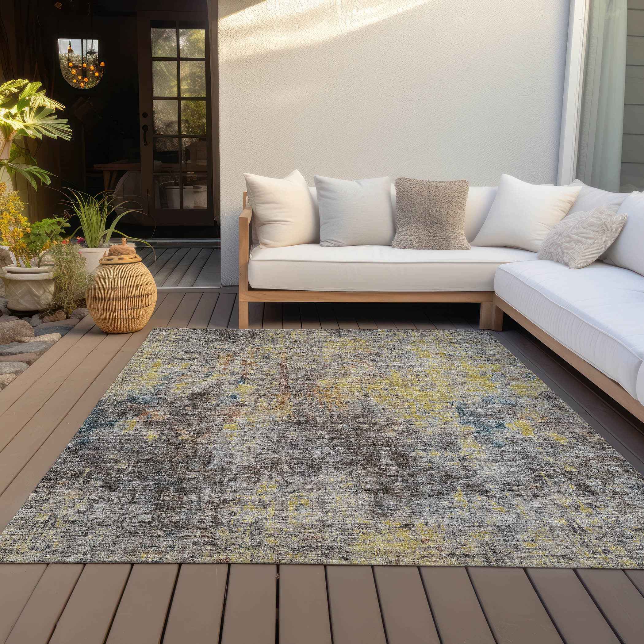 5' X 8' Brown And Gold Abstract Washable Indoor Outdoor Area Rug