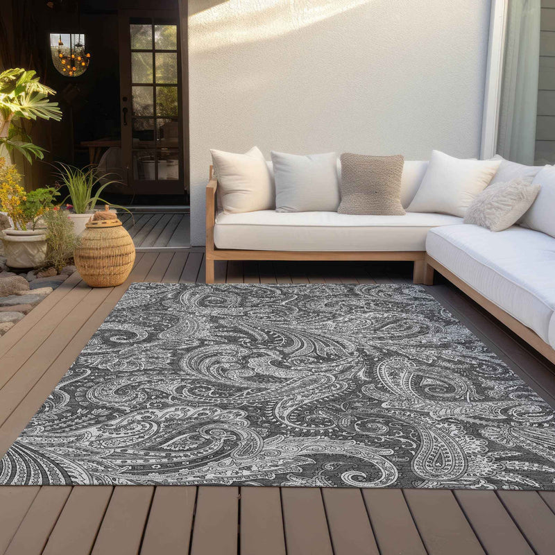 5' X 8' Gray Charcoal And Ivory Paisley Washable Indoor Outdoor Area Rug