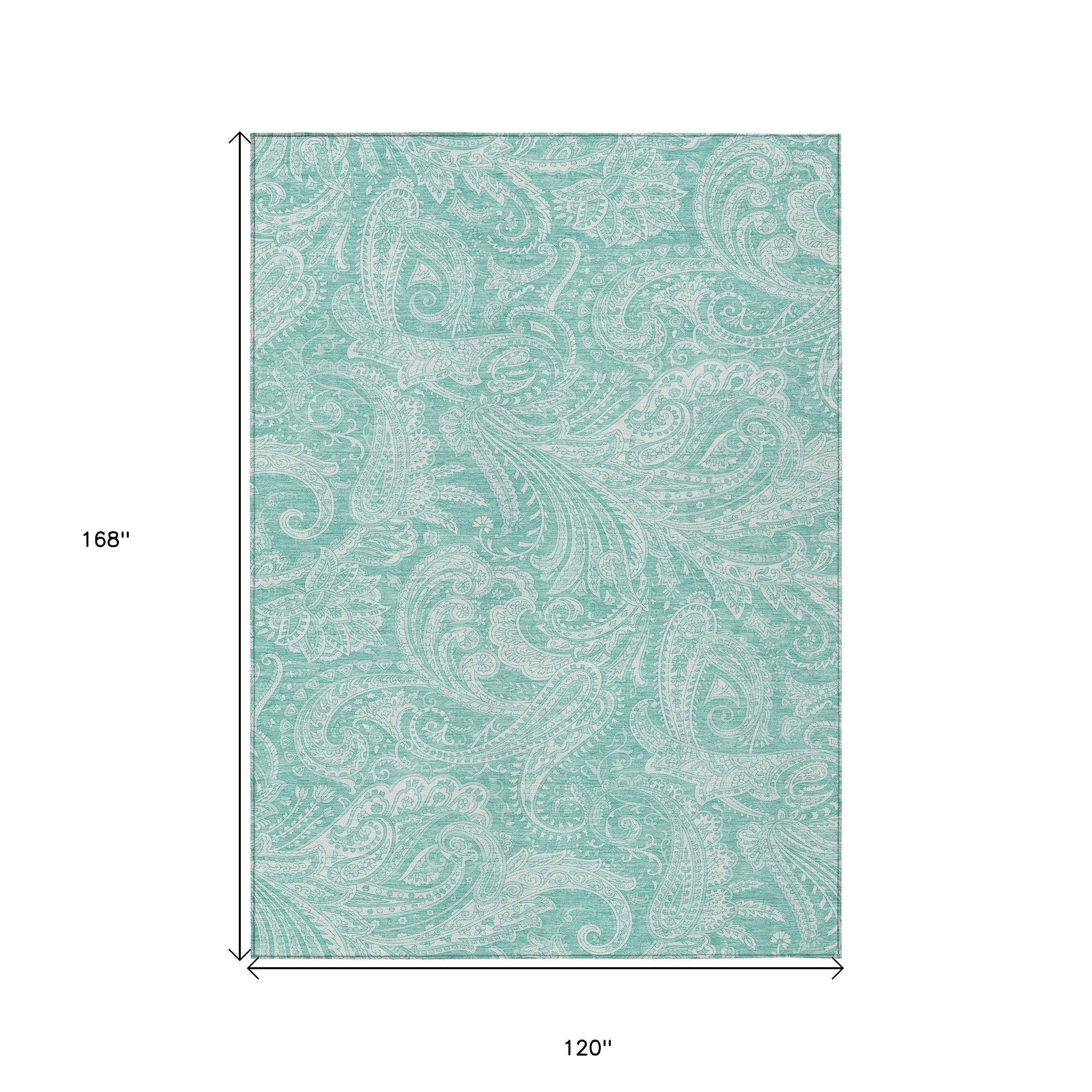 10' X 14' Teal Blue And Ivory Paisley Washable Indoor Outdoor Area Rug