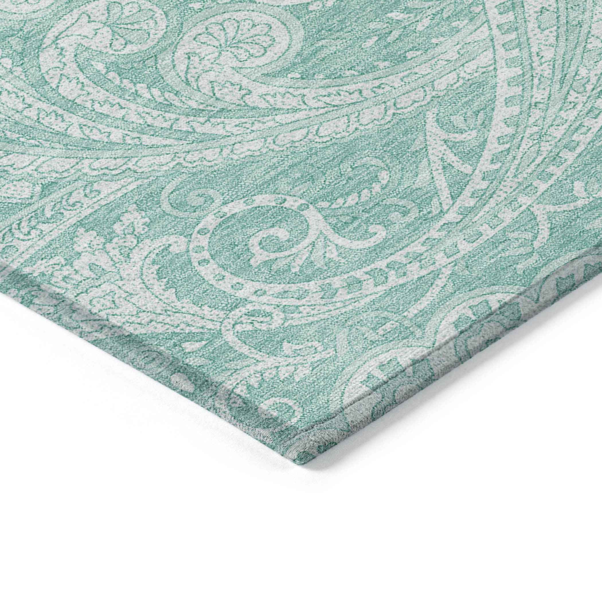 10' X 14' Teal Blue And Ivory Paisley Washable Indoor Outdoor Area Rug