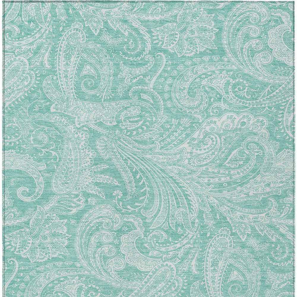 10' X 14' Teal Blue And Ivory Paisley Washable Indoor Outdoor Area Rug