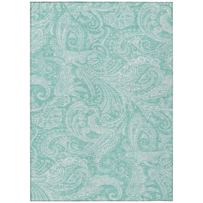 10' X 14' Teal Blue And Ivory Paisley Washable Indoor Outdoor Area Rug