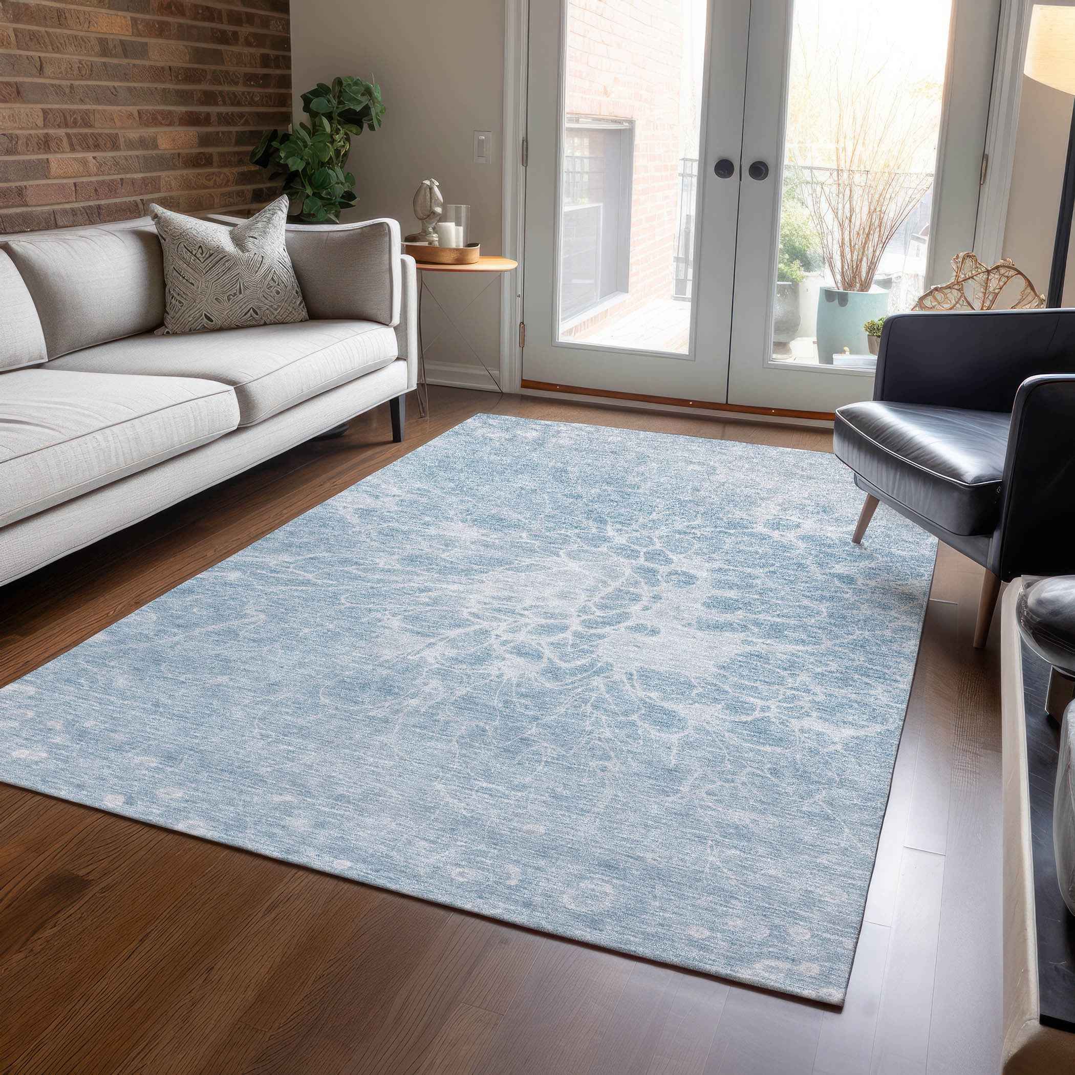 10' X 14' Sky Blue And Denim Blue Abstract Washable Indoor Outdoor Area Rug