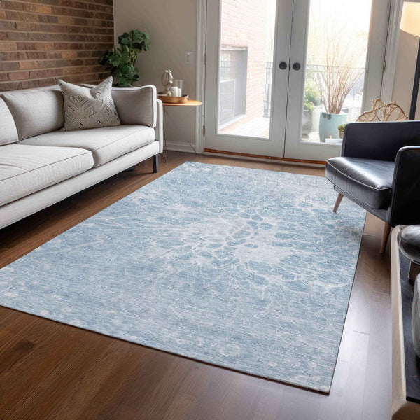 10' X 14' Sky Blue And Denim Blue Abstract Washable Indoor Outdoor Area Rug