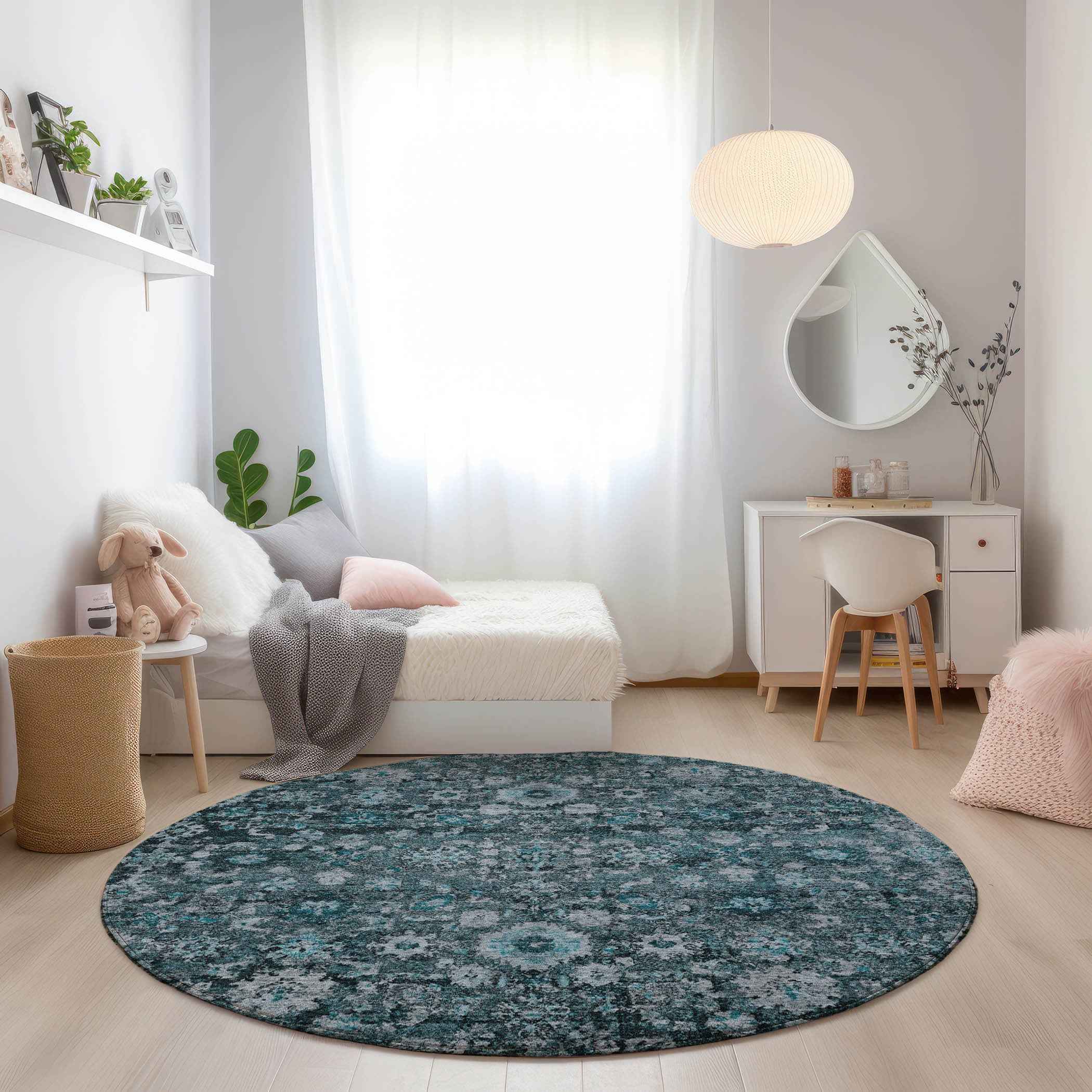 8' Dark Green Aqua And Charcoal Round Oriental Washable Indoor Outdoor Area Rug