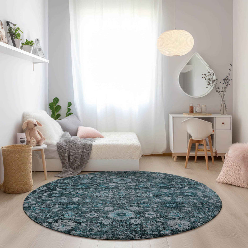 8' Dark Green Aqua And Charcoal Round Oriental Washable Indoor Outdoor Area Rug