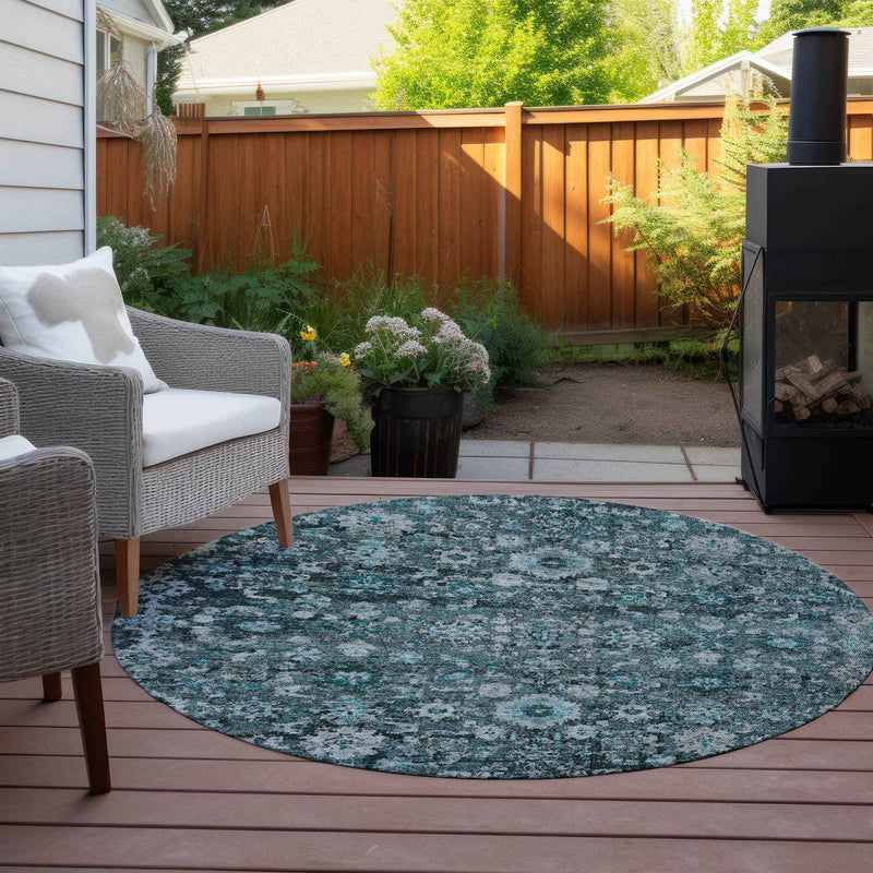 8' Dark Green Aqua And Charcoal Round Oriental Washable Indoor Outdoor Area Rug